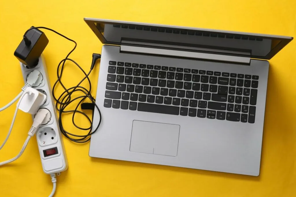 Energiesparmythen: Ein Laptop und andere Geräte sind an eine Mehrfachsteckdose angeschlossen.