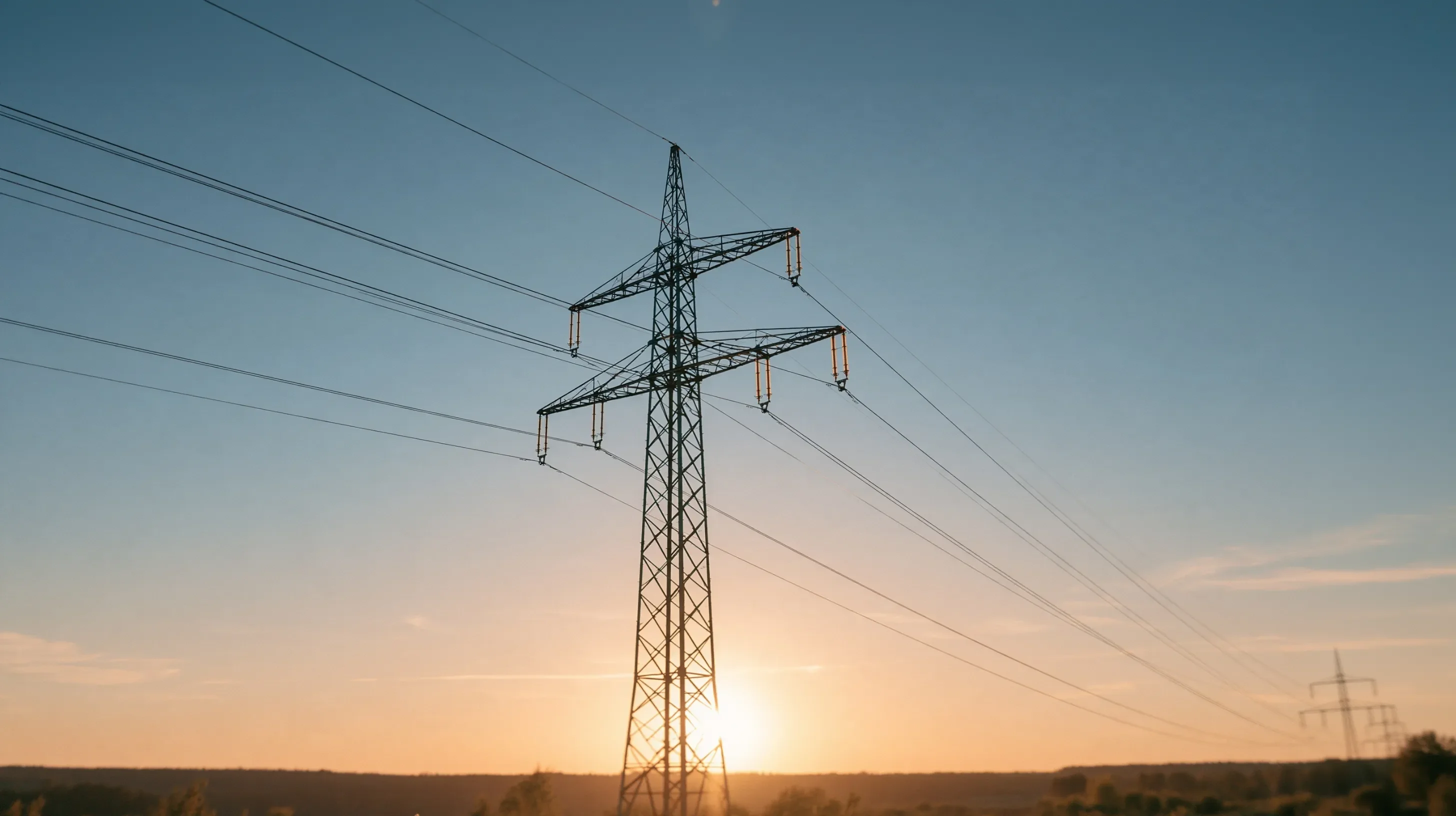 Der Strompreis kann stark variieren, Strommast in der Abenddämmerung.
